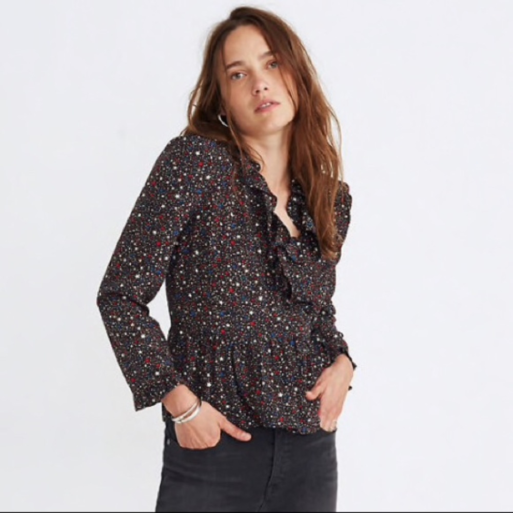 Silk Ruffle-Hem Wrap Top in Starry Night - Picture 1 of 7